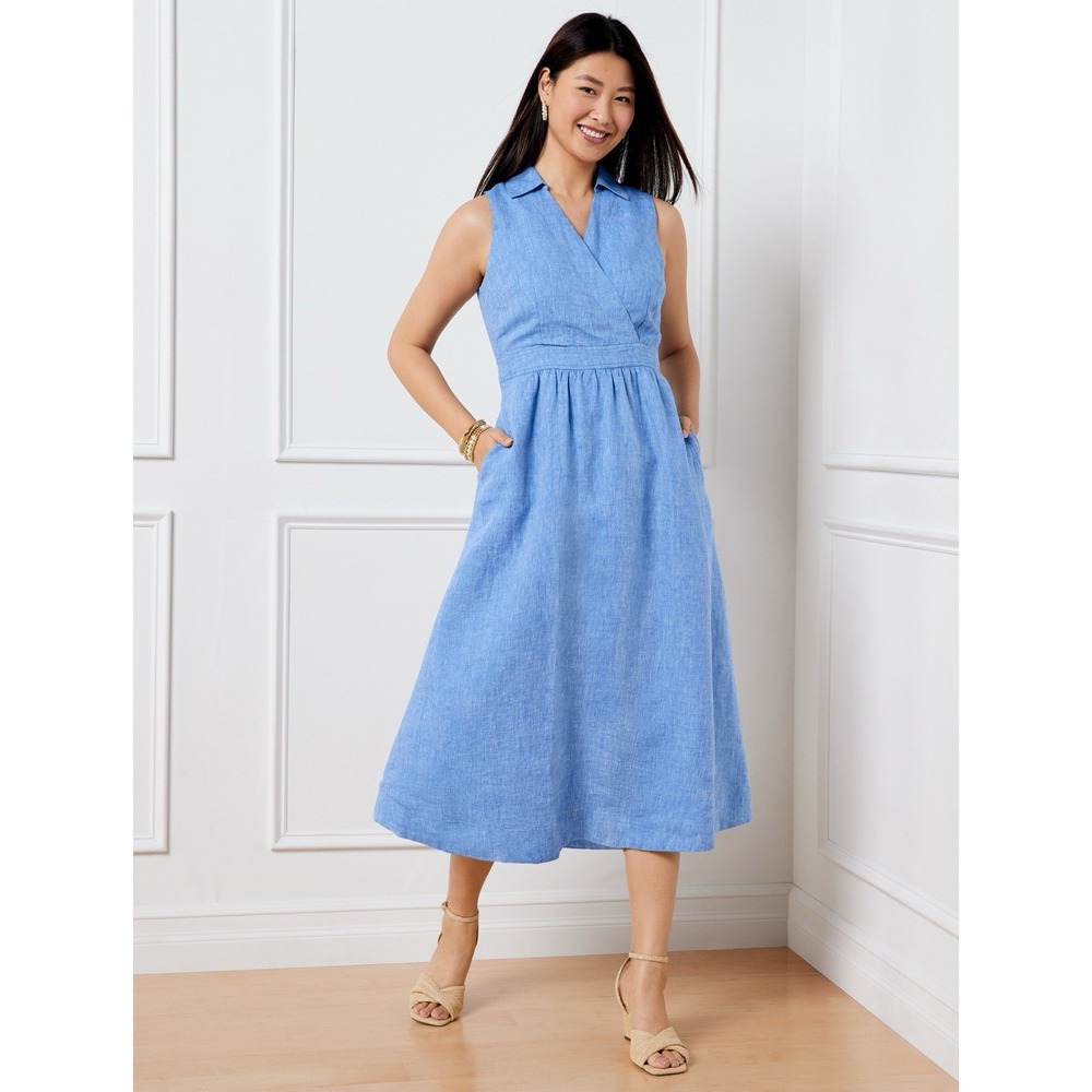 Talbots 100% Linen Faux Wrap Shirt Dress Midi Collared Pockets Preppy Sz 8